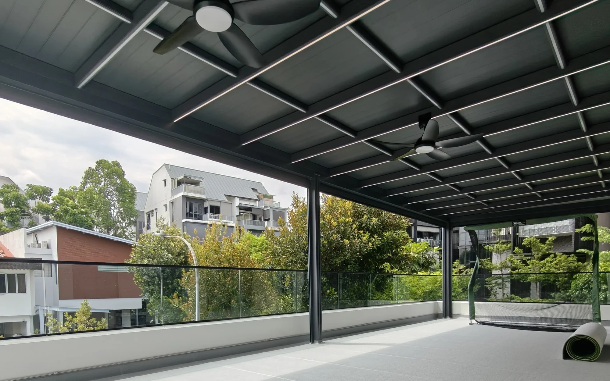 Carport, open side, aluminium smart roof supplied by Alu-R Pro in Singapore